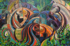 Confrontación ecuestre (1998) Andy Bueso (1950-2000) Acrílico 50" x 50"