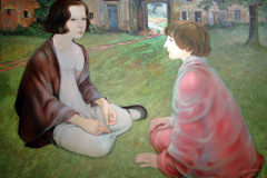 Niñas en jardín francés (1970) Alfonso Arana (1929-2005) Óleo 47 x 57"