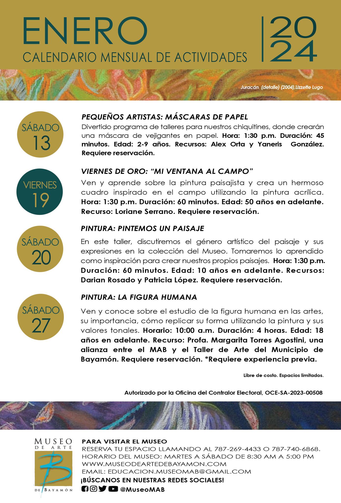 Calendario de Eventos para el Museo de Arte de Bayamon para el mes de Enero 2024
