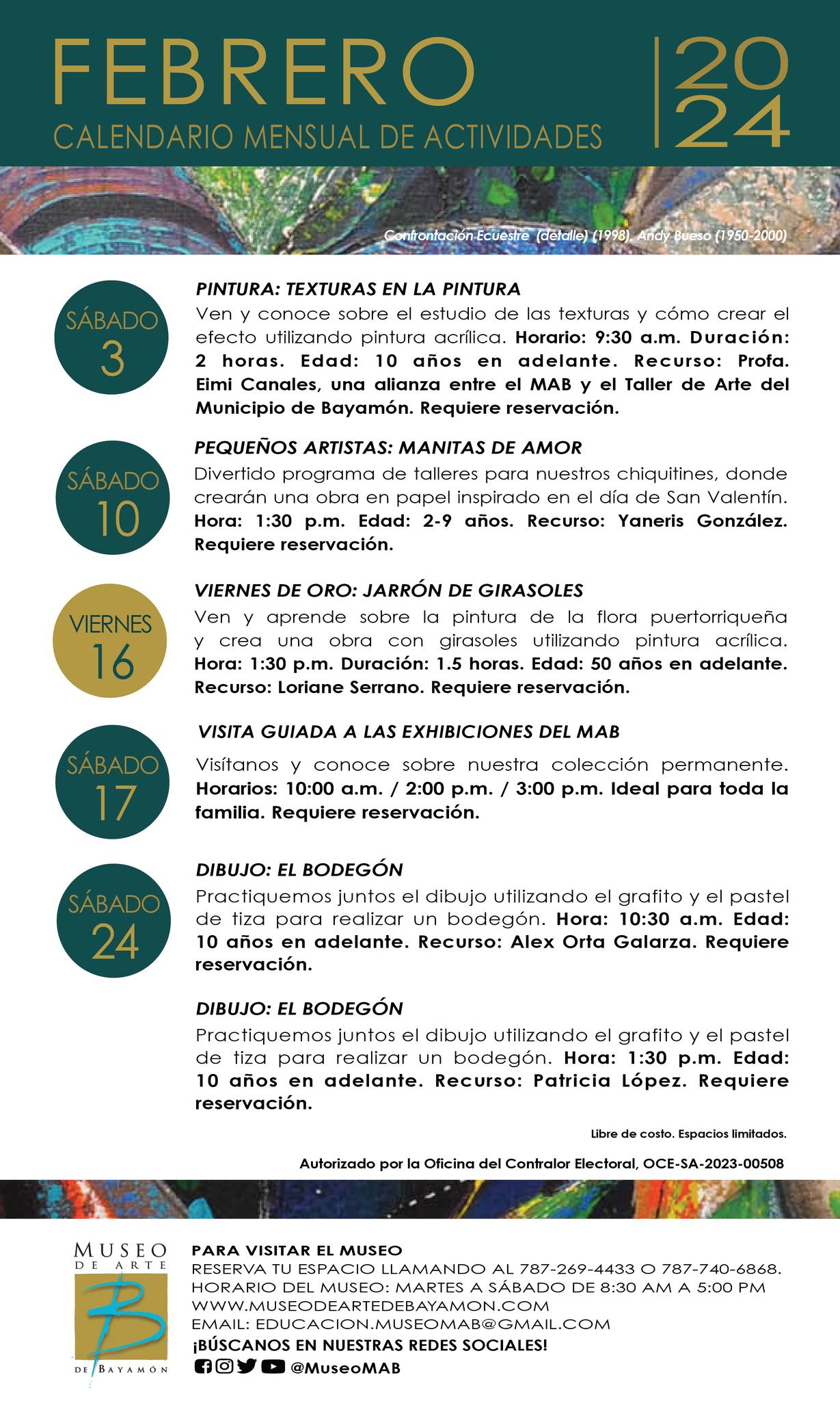 Calendario de Eventos para el Museo de Arte de Bayamon para el mes de Febrero 2024
